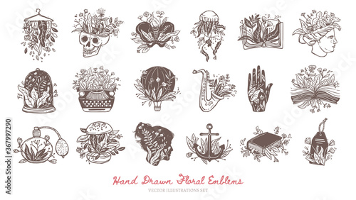 Big collection of floral bohemian logos and icons. Flower emblems and labels for fashion brends. Creative concepts and magic symbols. Vector hand drawn isolated skull, jellyfis, book, bone, Venus sign