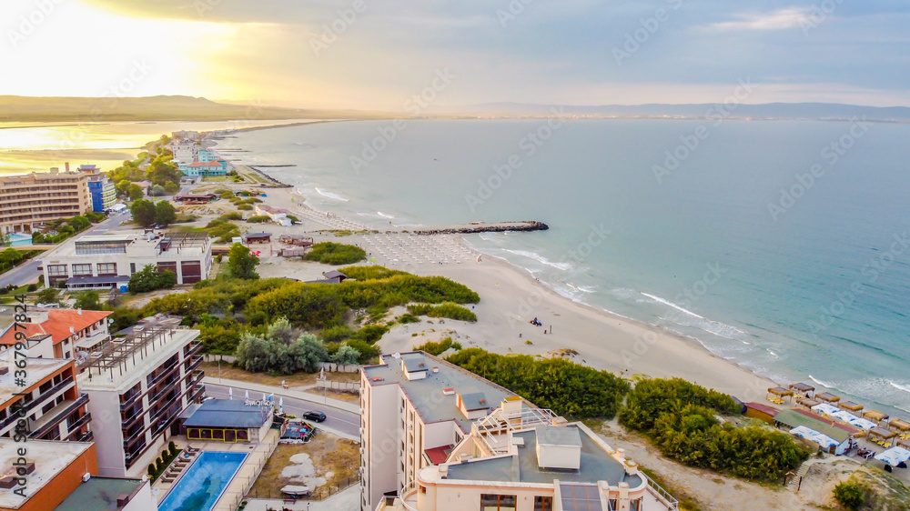 Aerial sunset view over the empty beach in Pomorie , one week after restrictions have been lifted due to COVID-19