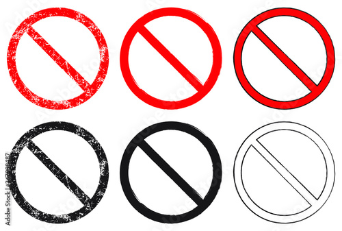 Prohibition symbol set. No sign collection. Denied icon. Red and black forbidden or not allowed logo. painted grunge style texture. Vector illustration image. Isolated on white background.