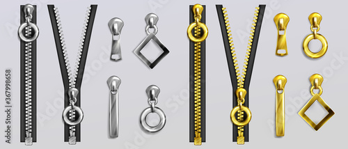 Silver and gold zippers with different shapes pullers isolated on gray background. Vector realistic set of open and closed metal zip fasteners and sliders for clothes and accessories
