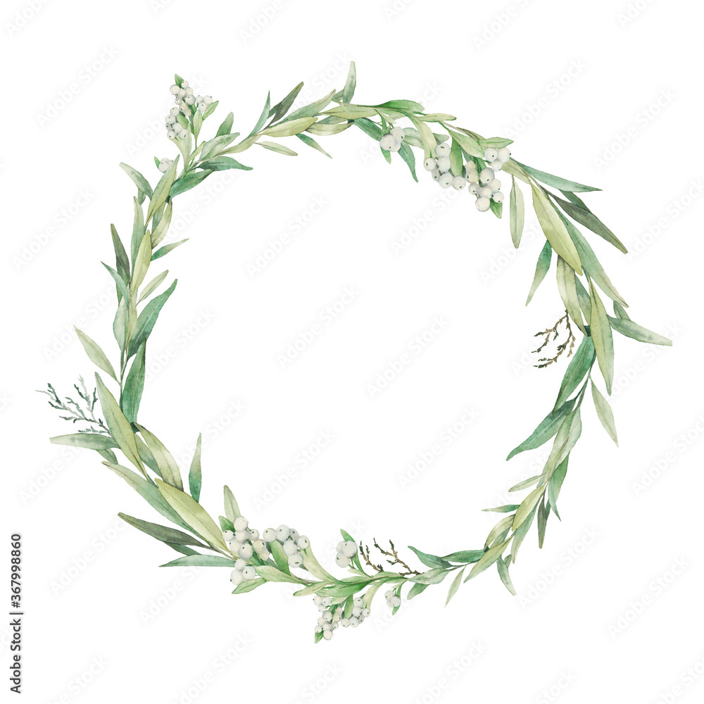 Watercolor eucalyptus and mistletoe wreath. Hand painted floral round frame isolated on white background.