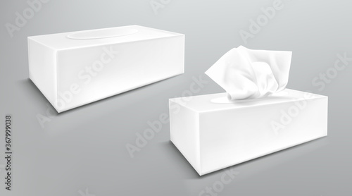 Paper napkin box mockup, close and open blank packages with tissue wipes side view. Hygiene accessories, white carton packages isolated on grey background, realistic 3d vector illustration, mock up