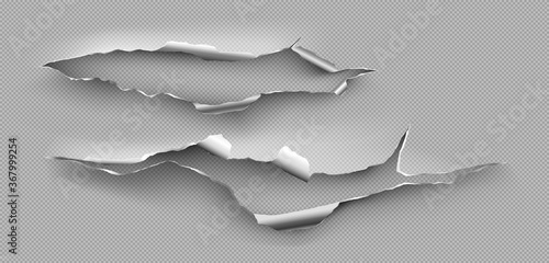 Torn hole, ragged crack in steel sheet. Vector realistic mockup of ripped edges of metal break isolated on transparent background. Damaged metallic page from cut or explosion