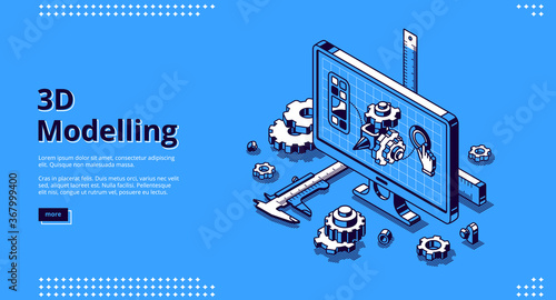 3d modelling isometric landing page. Cad engineer model project on computer desktop screen with construction supplies around. Software program for pc, technical blueprint, vector line art web banner photo