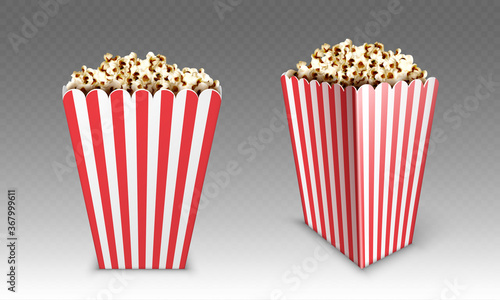 Striped paper box with popcorn isolated on white background. Vector realistic mock up of white and red bucket with pop corn for cinema or movie theater front and angle view