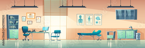 Medical office interior, empty clinic room with doctor stuff, hospital with couch, chair and washbasin, locker for medicine, table, computer and medical aid banners on wall cartoon vector illustration