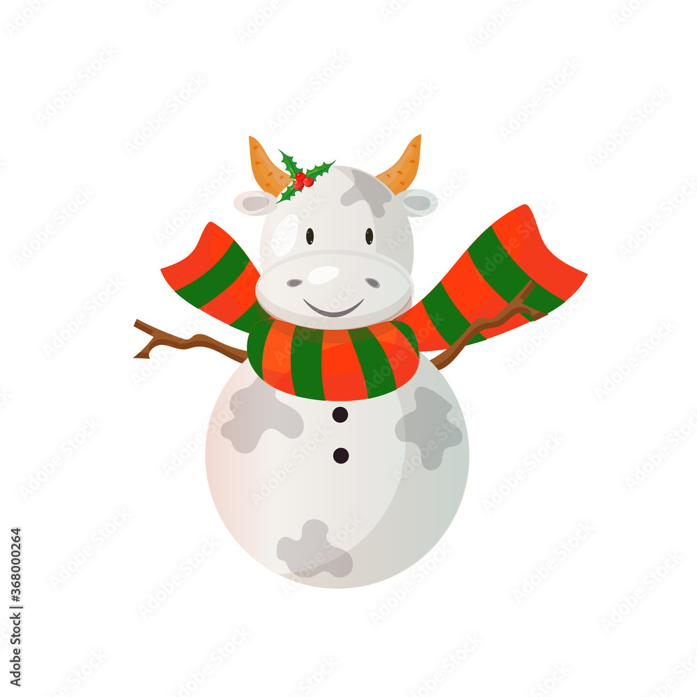 Snowman looking like a bull wearind bright scarf. 2021 chinese new year symbol. Vector illustration. Snowman looking like a bull wearind bright scarf. 2021 chinese new year symbol. Vector illustration.