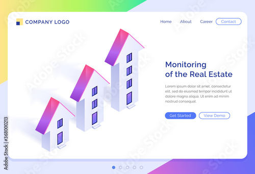 Monitoring of real estate banner. Concept of rising price of buildings and apartments, property investment. Vector landing page of real estate management with isometric houses illustration