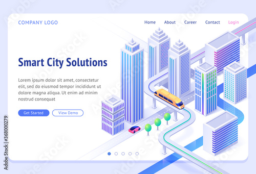 Smart city solutions banner. Sustainable development, urban infrastructure innovation. Vector landing page with isometric illustration of modern town with skyscrapers, monorail train and car road