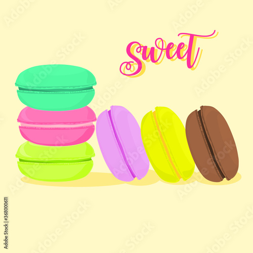 Stack of colorful macaroon, vector illustration isolated. Stack, pile of colorful almond macaroon, macaroon biscuits, sweet and beautiful dessert