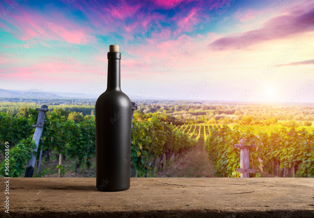 corkscrew and wooden barrel, vineyard on background corkscrew and wooden barrel, vineyard on background