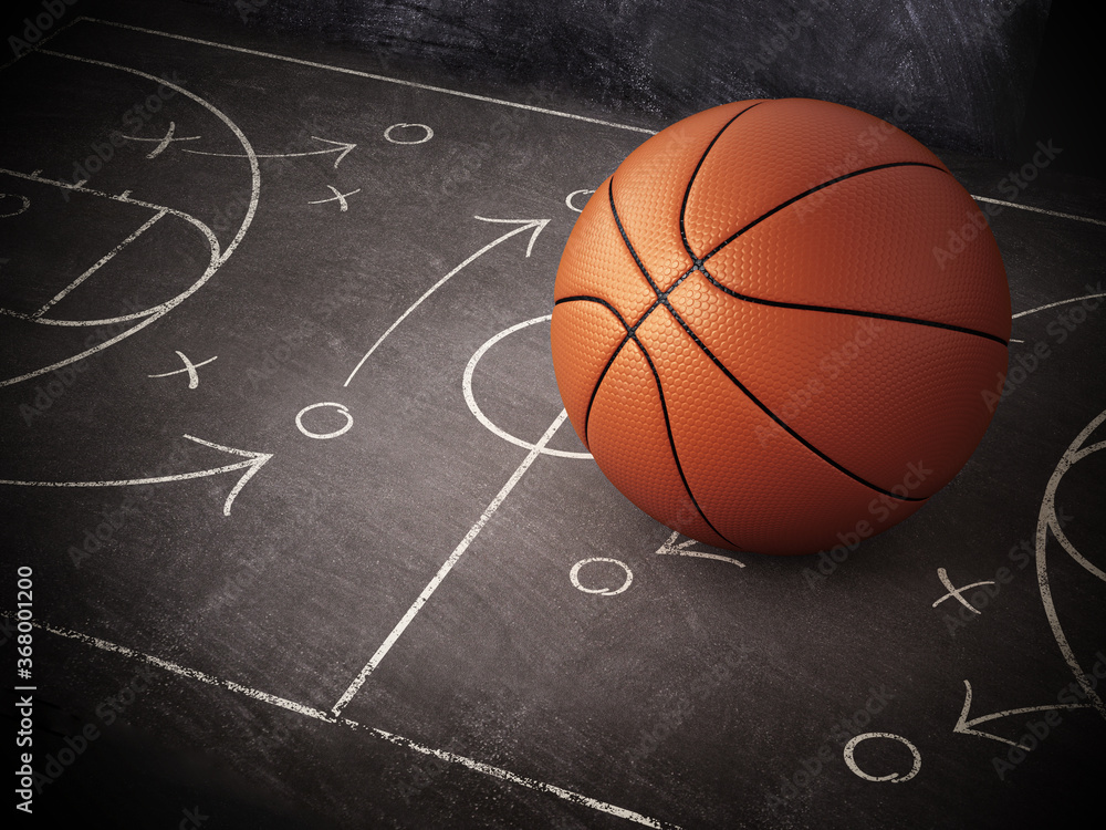 Fototapeta premium Basketball standing on game strategy blackboard. 3D illustration