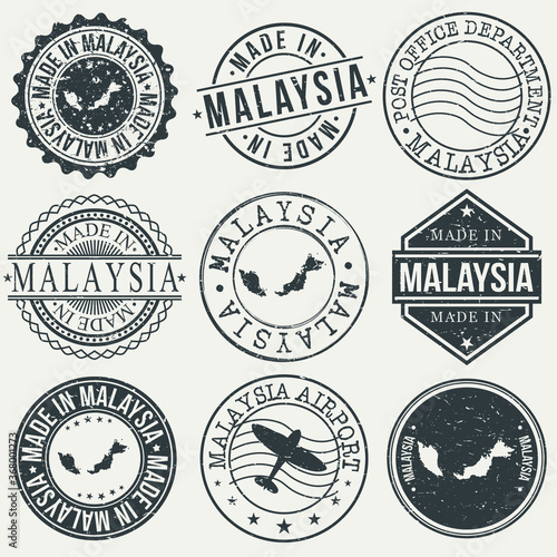 Malaysia Set of Stamps. Travel Stamp. Made In Product. Design Seals Old Style Insignia.
