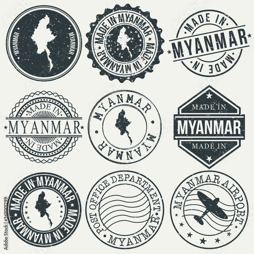 Myanmar Set of Stamps. Travel Stamp. Made In Product. Design Seals Old Style Insignia.