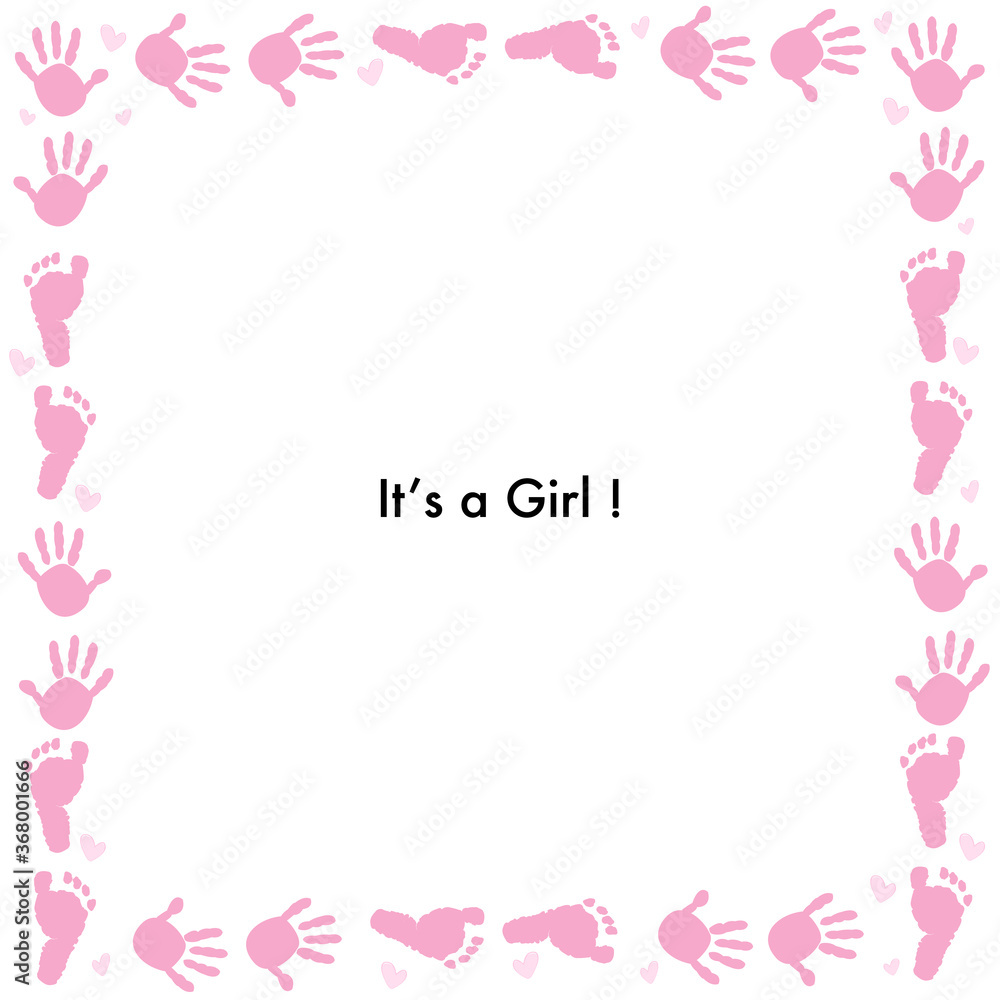 It's a girl. Frame made of baby hand and foot prints. Baby shower theme. Baby girl, baby boy symbols