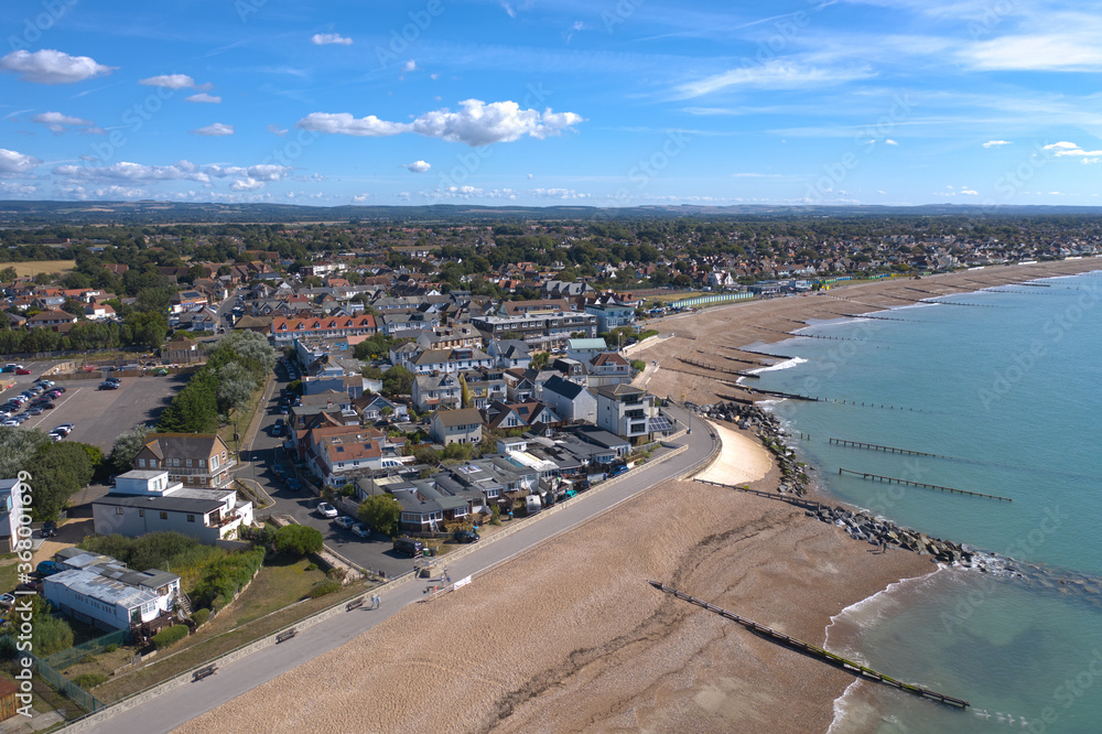 Felpham  in West Sussex beautiful aerial view of the coastline on a beautiful summer day.
