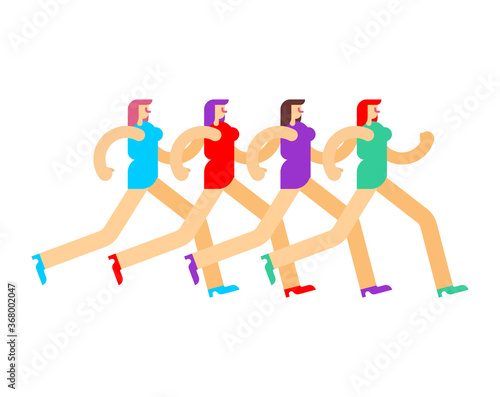 Women in dress is running. Many girls run. vector illustration