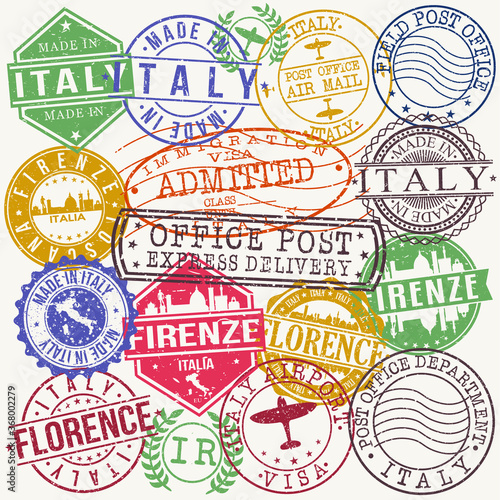 Florence Italy Stamp Vector Art Postal Passport Travel Design Set Badge RUbber Set.