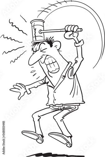 Man in  hammer hitting on his head.