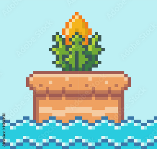 Pixel art style, plant object in game arcade play vector. Herb with a yellow flower in a square pot on the water, retro gaming mode. Minimalistic garden plant design environment object vector