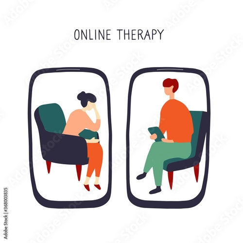 Woman at the psychologist online session. Doctor consultation by phone. Video call to psychiatrist. Online psychological therapy. Hand drawn flat vector graphic