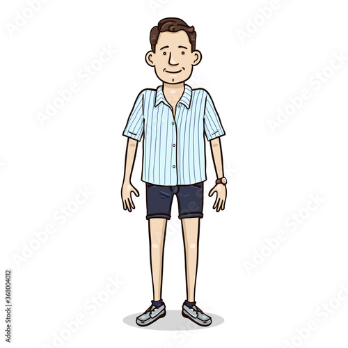 Vector Cartoon Young Man in Striped Short Sleeve Shirt and Denim Shorts