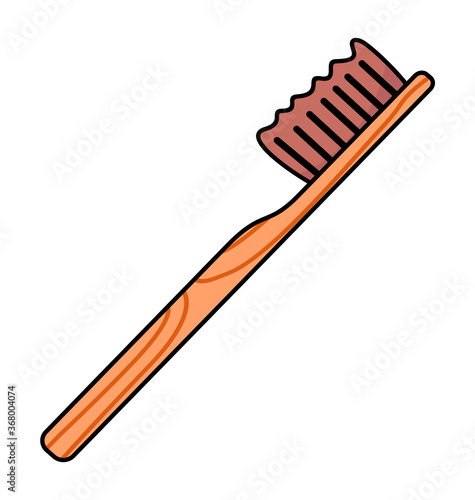 Vector icon in cartoon style isolated at white background. Wooden brush for teeth, eco friendly concept. Toothbrush from bamboo materials. Save nature, planet concept. Clean and health, eco materials