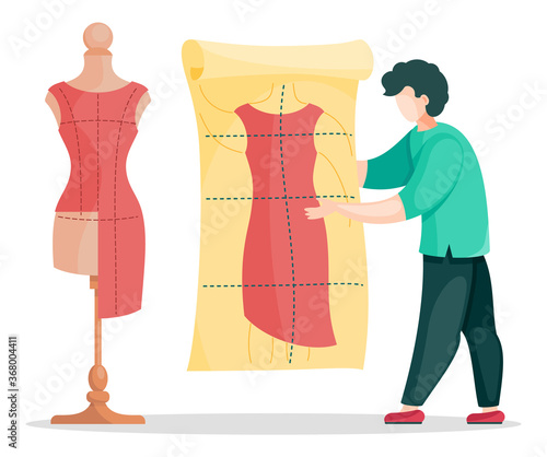 Concept of sewing workshop with designer or seamstress working with dress pattern. Unfinished dress model at mannequin. Man look at pattern of future dress. Vector illustration with cartoon character