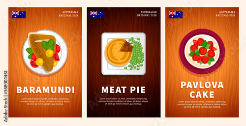 Australian cuisine, traditional food, national dishes on a wooden table. Baramundi fish, Meat Pie, Pavlova Cake. Top view. Template for vertical web banner, menu. Flat vector illustration.