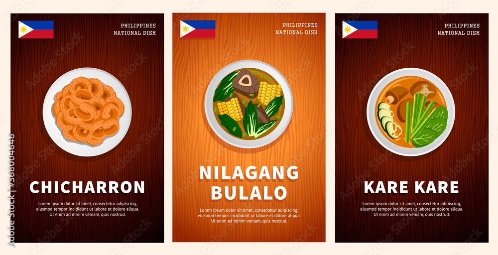 Naklejka premium Philippine cuisine, traditional food, national dishes on a wooden table. Chicharron, Nilagang Bulalo, Kare Kare. Top view. Template for vertical web banner, menu. Flat vector illustration.