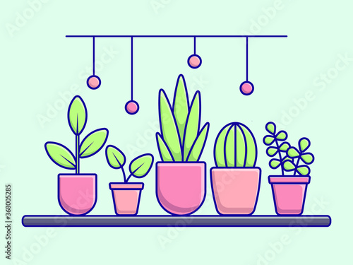 Vector flat illustration of flower pots on a windowsill in a modern style with different plants and leaves