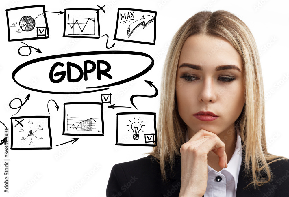 Business, technology, internet and network concept. Young businessman thinks over the steps for successful growth: GDPR Business, technology, internet and network concept. Young businessman thinks over the steps for successful growth: GDPR