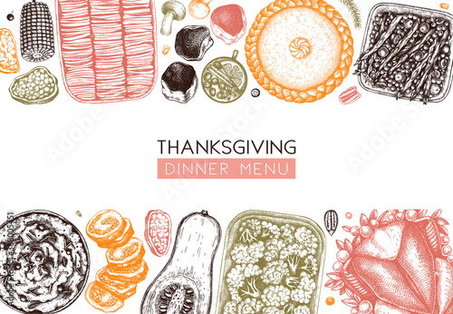 Thanksgiving day dinner menu design in color. Roasted turkey, cooked vegetables, rolled meat, vegetables, and cakes sketches. Vintage autumn food frame. 