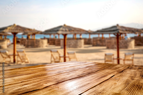 Desk of free space and summer sea landscape 