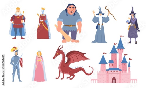 Set of eight characters for fairy tales with king, queen, ogre, wizard, dragon, knight, maiden and castle, colored vector illustration