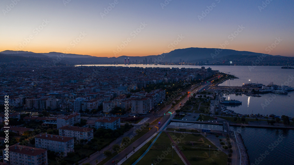 Aerial view of seaside city at sunrise. Izmir Turkey. 