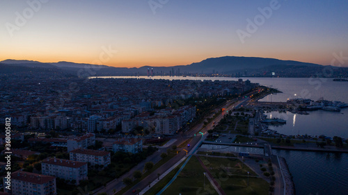 Aerial view of seaside city at sunrise. Izmir Turkey. 