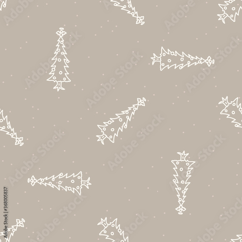 Seamless christmas tree with angel holiday background. Fir sprig spruce monochrome pattern texture. Scandi festive christmas motif background. Stylish modern seasonal gift wrapping paper.