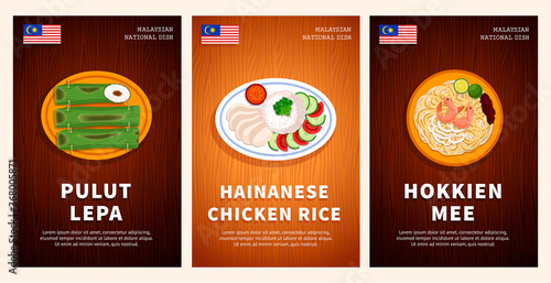 Malaysian cuisine, traditional food, national dishes on a wooden table. Pulut Lepa, Hainanese chicken rice, Hokkien Mee. Top view. Template for vertical web banner, menu. Flat vector illustration.