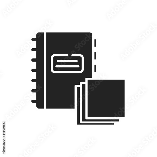 Notebook and note paper black glyph icon. School supplies. Sign for web page, mobile app, banner, social media