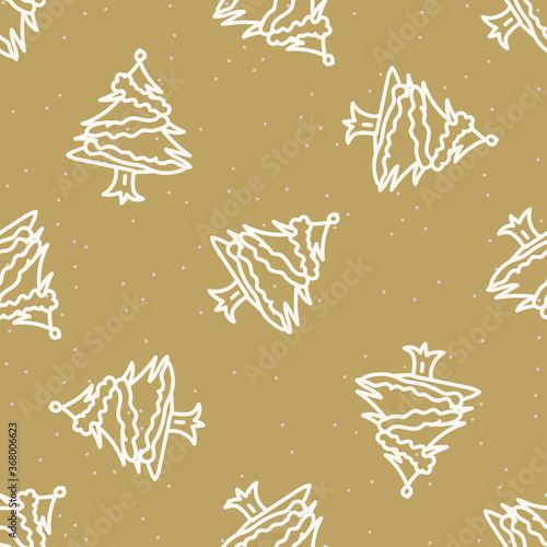 Seamless christmas tree with tinsel holiday background. Fir sprig spruce monochrome pattern texture. Scandi festive christmas motif background. Stylish modern seasonal gift wrapping paper.