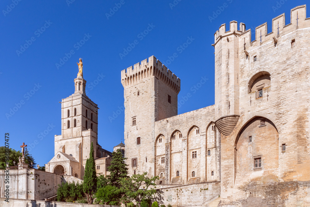 Beautiful view of the Palace of the Popes in the city of Avignon and Cathedral Of Our Lady of Doms