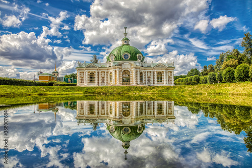 Grotto pavilion with beautiful reflection in park Kuskovo, Architectural and artistic ensemble of the XVIII century. MOSCOW-June 2020