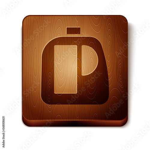 Brown Plastic bottles for laundry detergent, bleach, dishwashing liquid or another cleaning agent icon isolated on white background. Wooden square button. Vector Illustration.