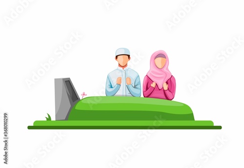 muslim visit and praying in front tomb at cemetry. islam ritual in grave concept in cartoon illustration vector