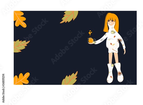 A girl with a cup of coffee stands on a dark background.
Vector design.