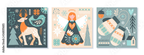 Set of three Scandinavian Christmas or winter scenes in muted greens and orange depicting a reindeer, angel and woolly gloves or mittens, colored vector illustration