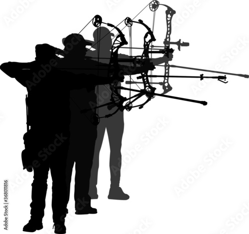 Silhouettes of three male compound archers on the shooting line