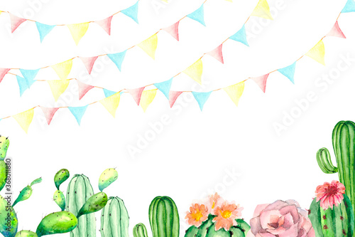 Fototapeta Naklejka Na Ścianę i Meble -  Botanical greeting card with green cacti, pink flowers and bright flags with space for text. Holiday illustration for greetings, posters, invitations and children's books.
