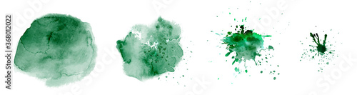 Set of hand-painted splash green color watercolor